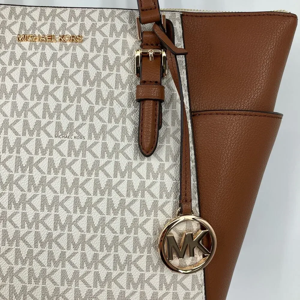 Michael Kors Cream Brown Vanilla Gold Monogram Charlotte Large TZ Tote Bag Purse